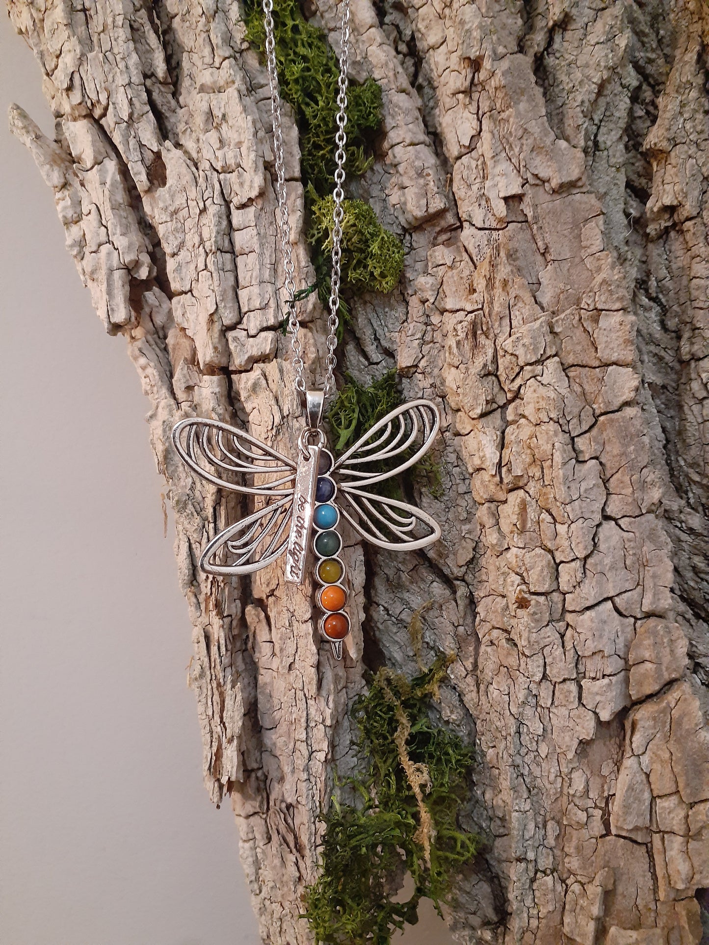 Dragonfly Pendant Necklace with "Be the Light" Charm 24"