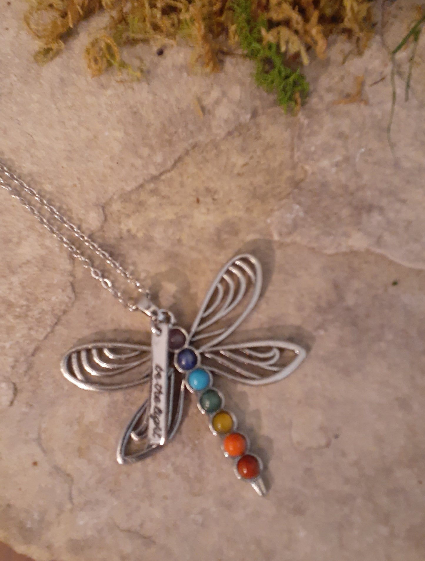 Dragonfly Pendant Necklace with "Be the Light" Charm 24"