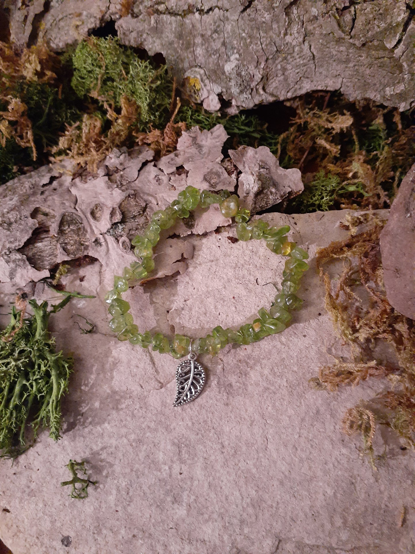Green Peridot Stretch Bracelet with Leaf Charm