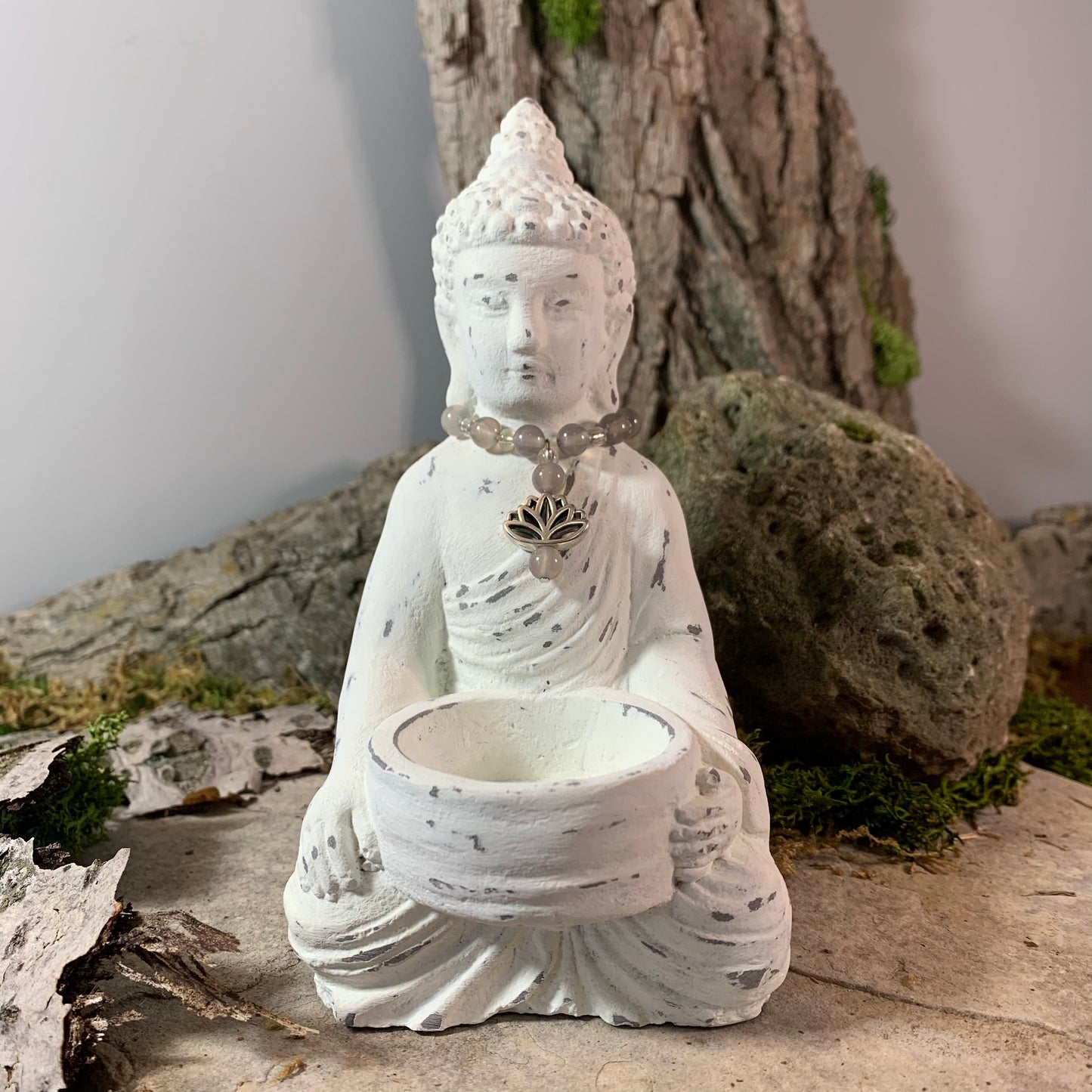 Antiqued Buddha Tealight Holder with Smokey Quartz Lotus Flower Necklace 6"h x 3.5"w