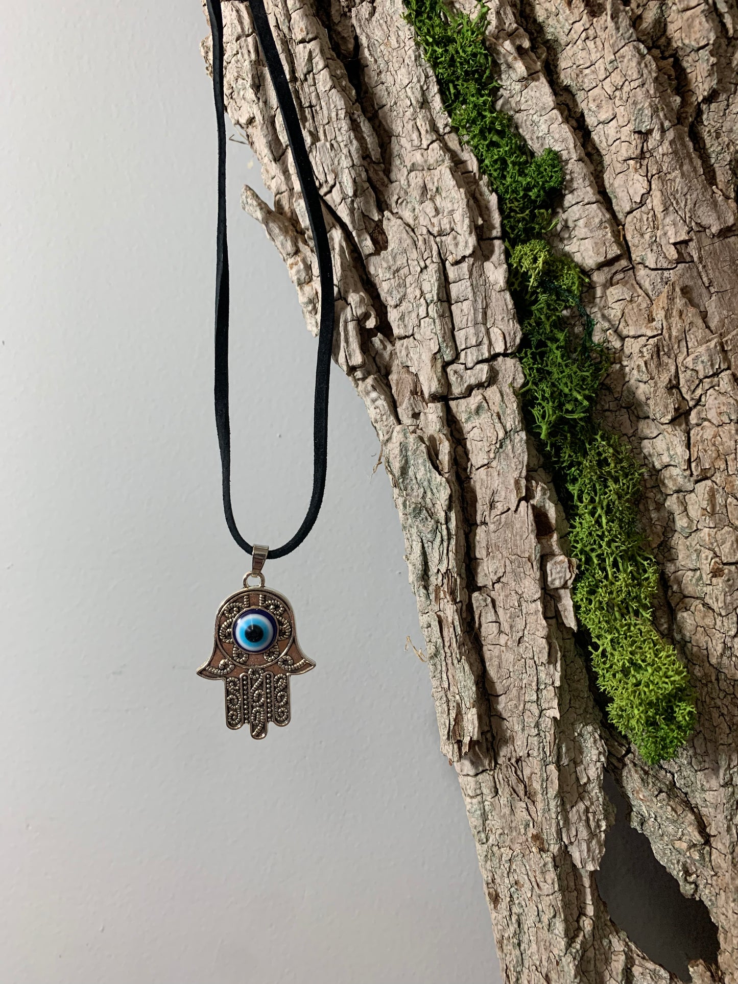 Hamsa Hand with Evil Eye Pendant on Black Leather Cording 20"