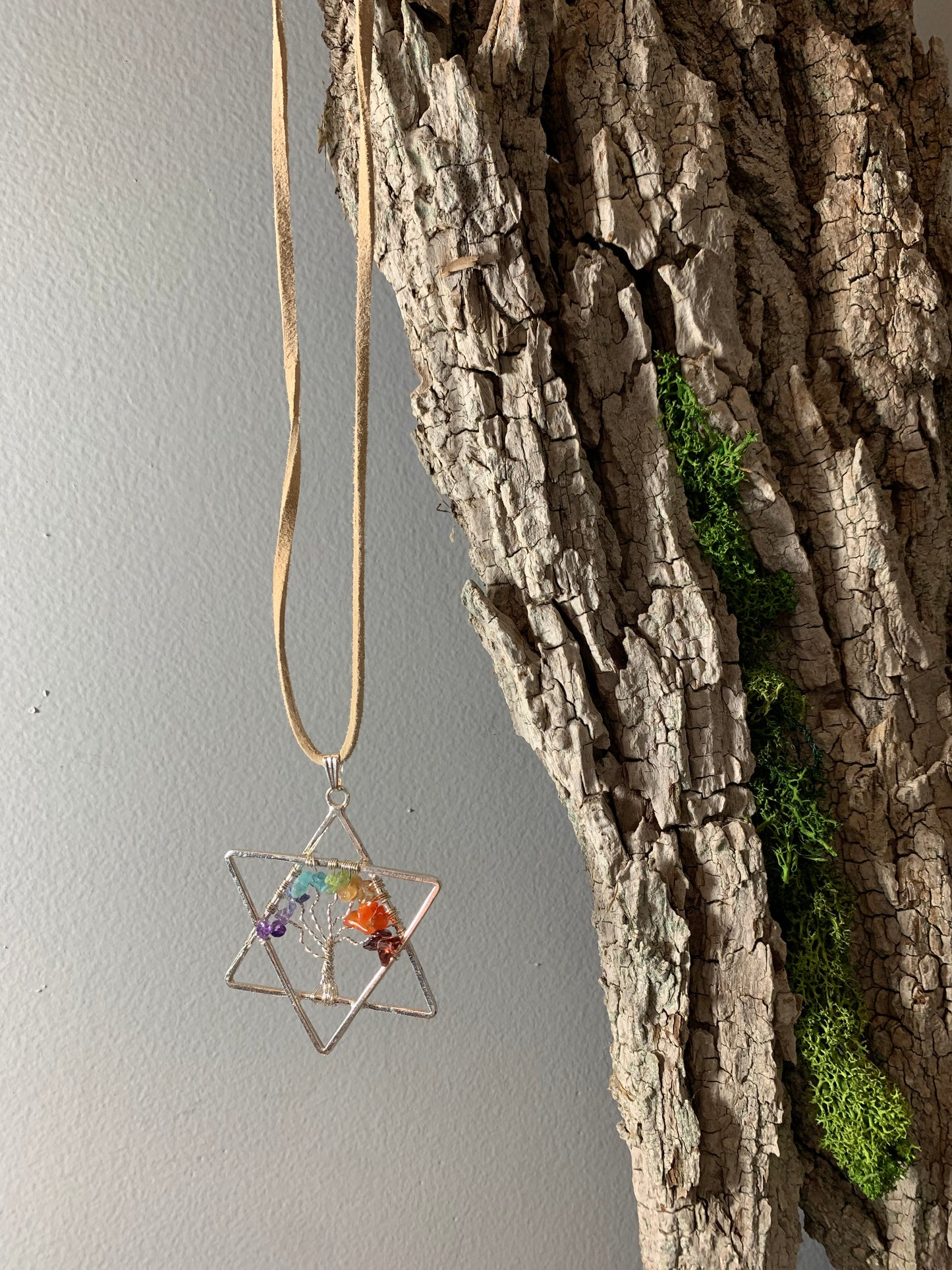 Metal Merkabah Pendant with Wire Wrapped Tree of Life with Chakra Stones 24"