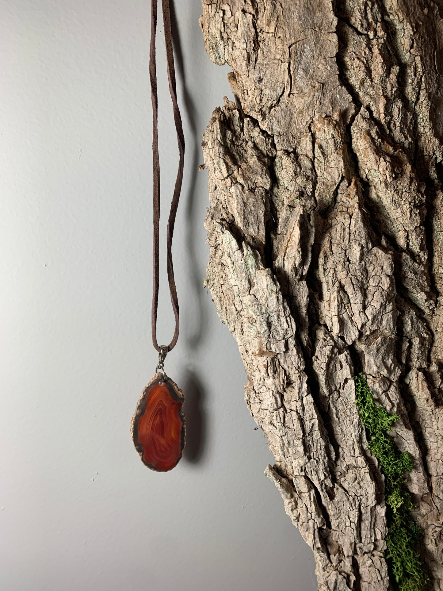 Red Agate Slice Necklace with Leather String 26"