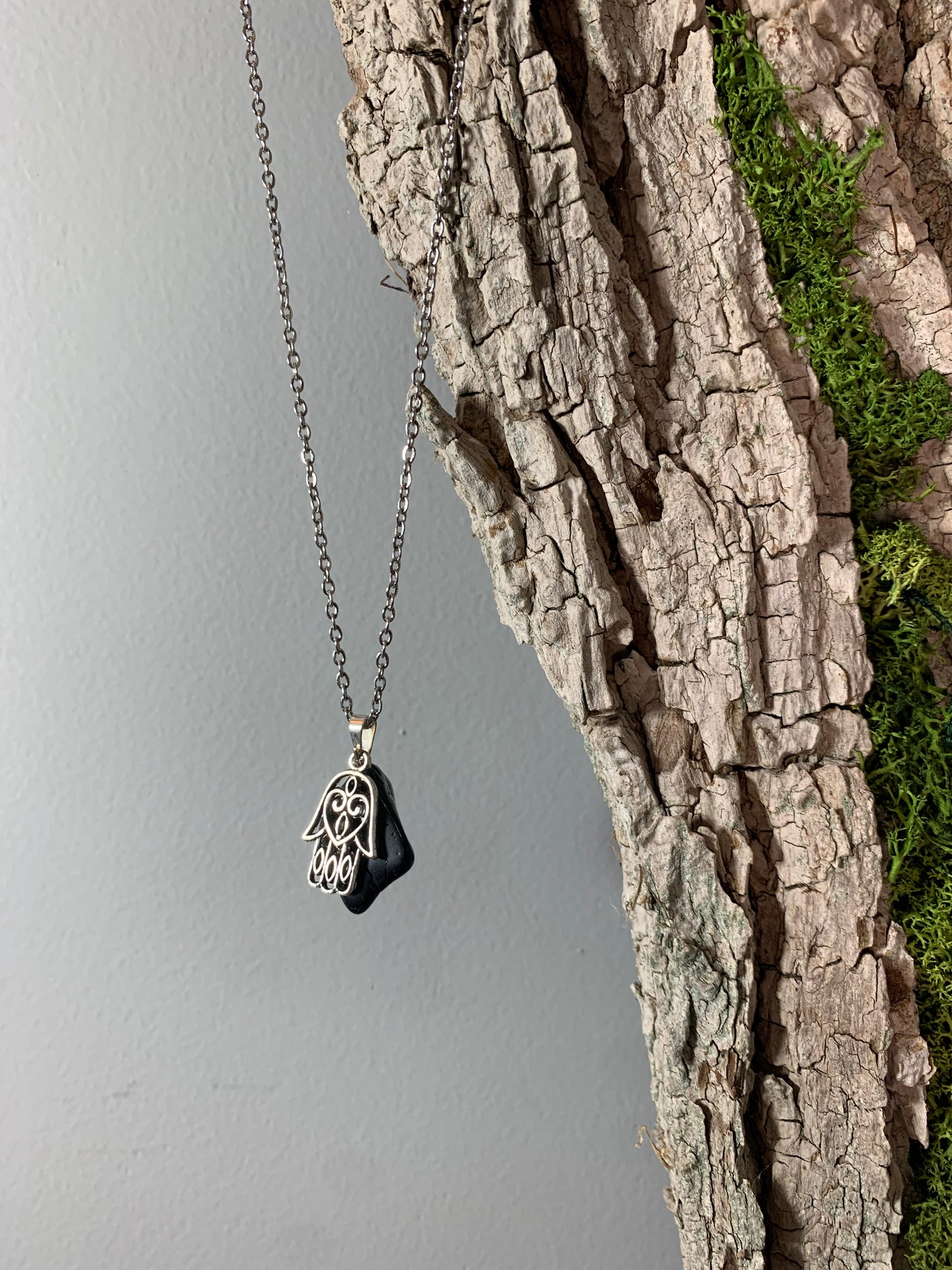 Black Obsidian Pendant Necklace with Ornate Metal Hamsa Hand Charm 18"