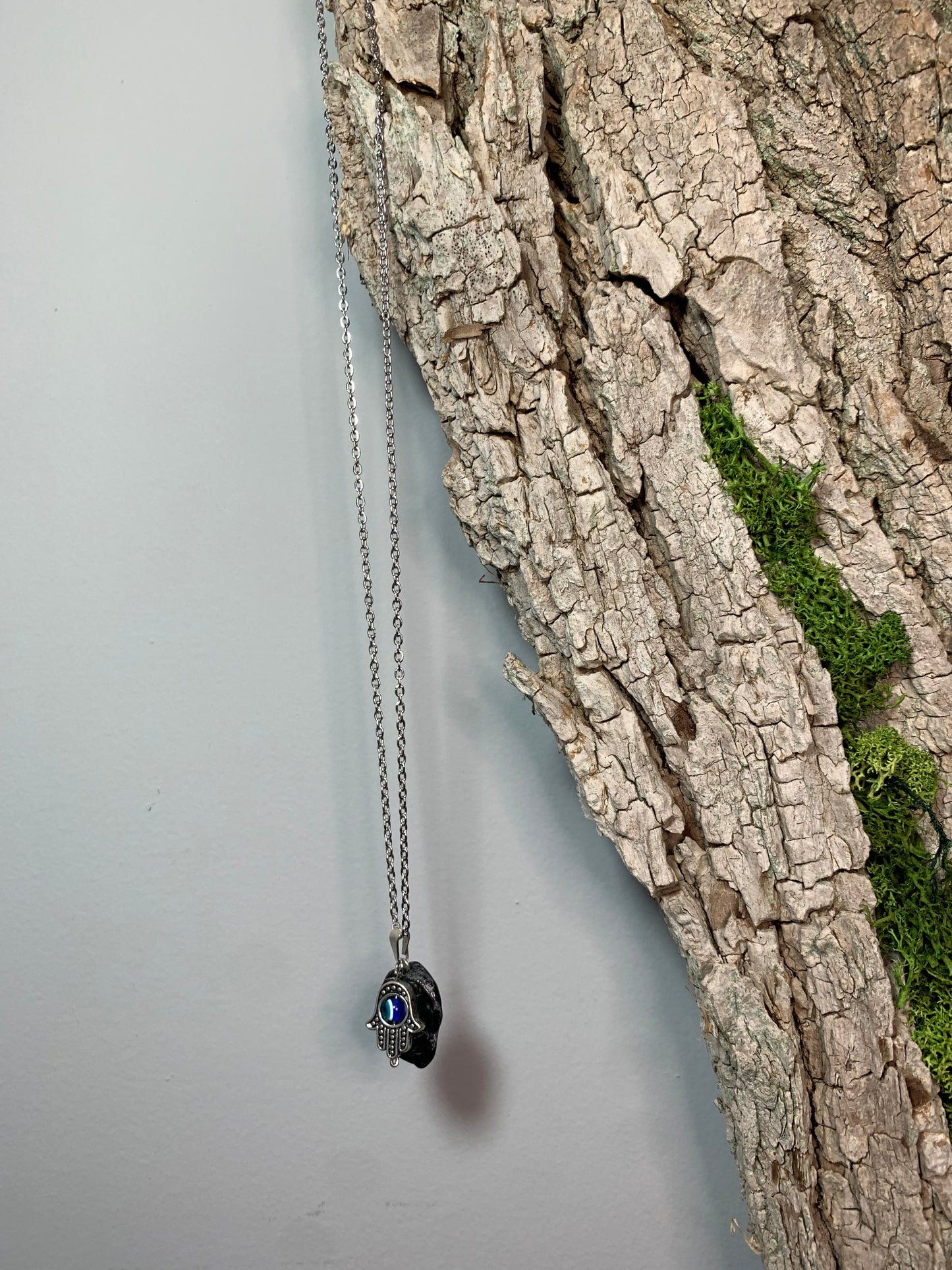 Black Obsidian Pendant with Metal Hamsa Hand with Evil Eye Charm 18"