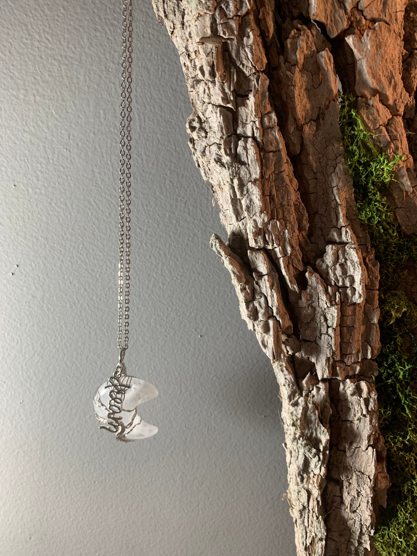 Clear Quartz Moon Pendant with Wire Tree of Life and Metal Dream Charm 26"