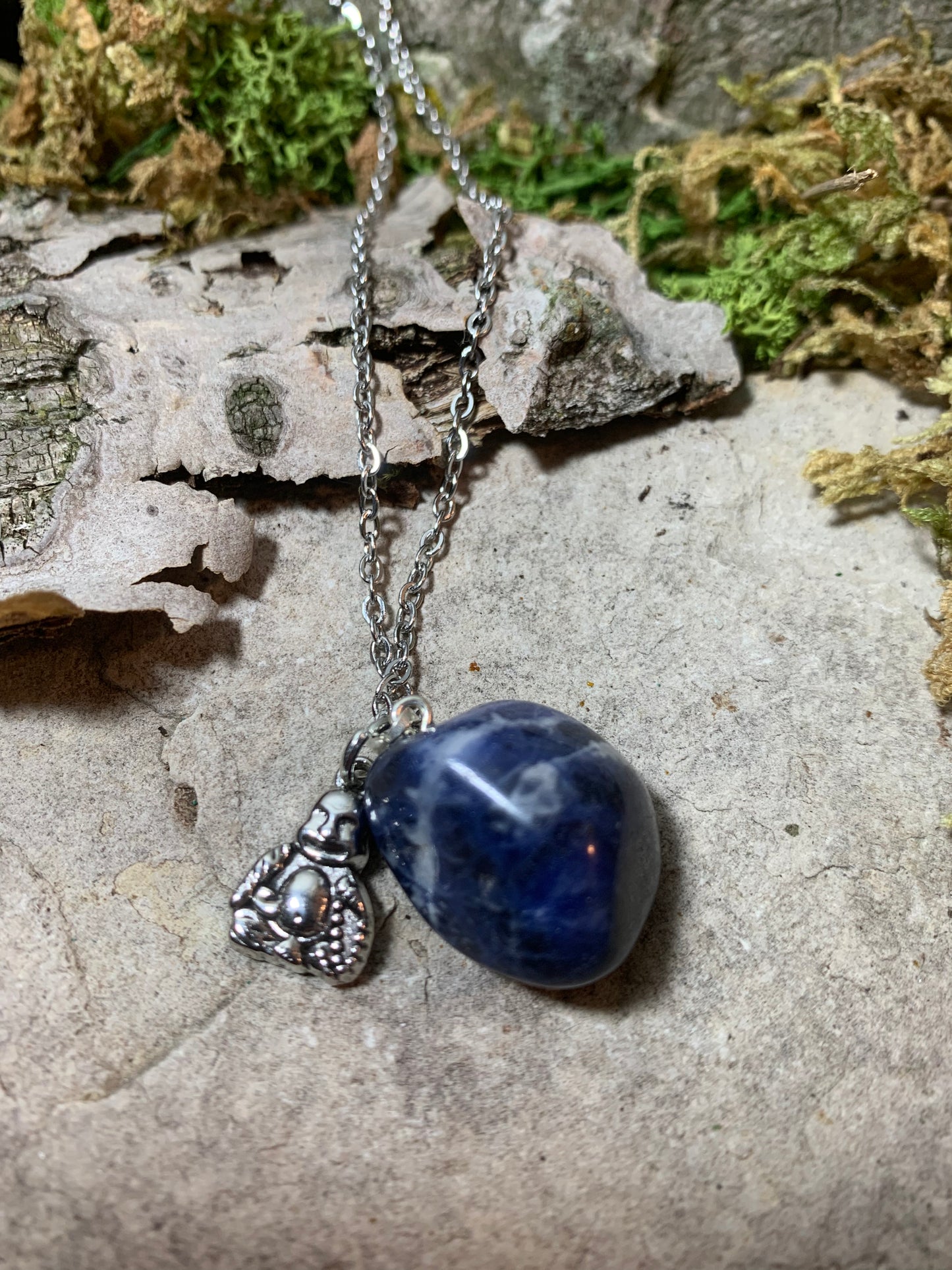 Sodalite Pendant Necklace with Buddha Charm 20"