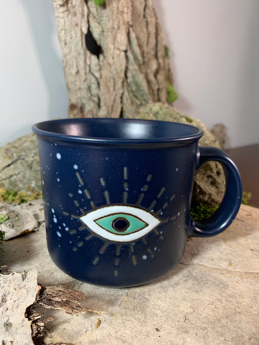 Navy Blue Ceramic Mug with Embossed Third Eye