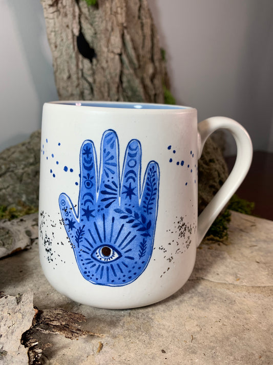 Cream and Blue Mug with Hamsa Hand with Bronze Detail