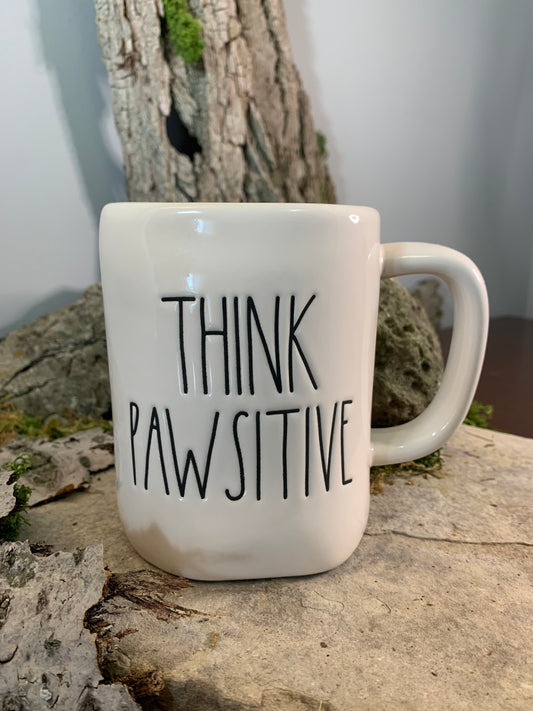 Rae Dunn Cream and Pink Ceramic Mug Think Pawsitive