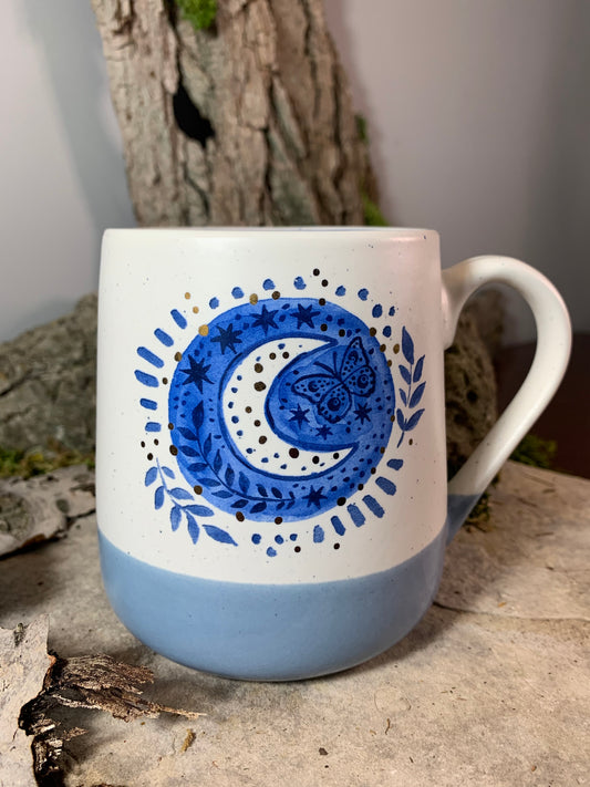 Cream and Blue Mug with Moon and Bronze Detail