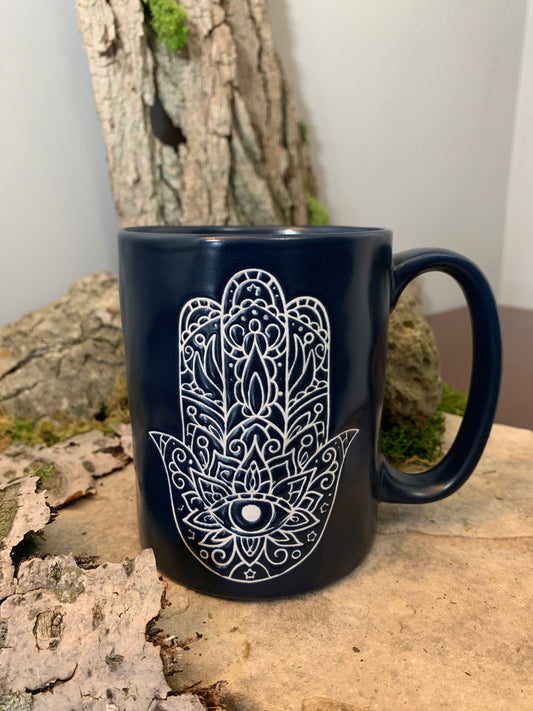 Navy Mug with White Embossed Hamsa Hand