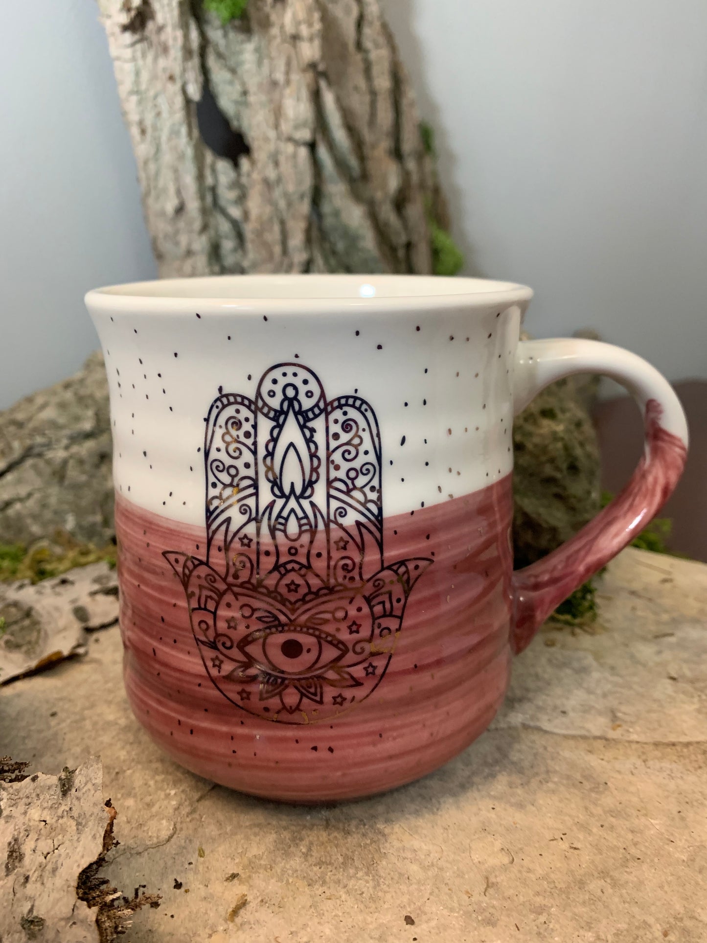 Cream and Pink Mug with Gold Metallic Hamsa Hand