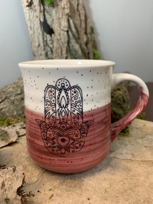 Cream and Pink Mug with Gold Metallic Hamsa Hand
