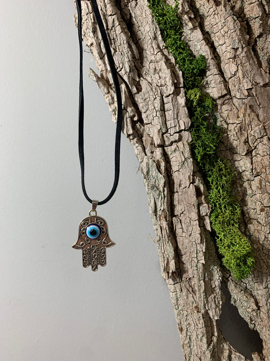 Hamsa Hand with Evil Eye Pendant on Black Leather Cording 20"