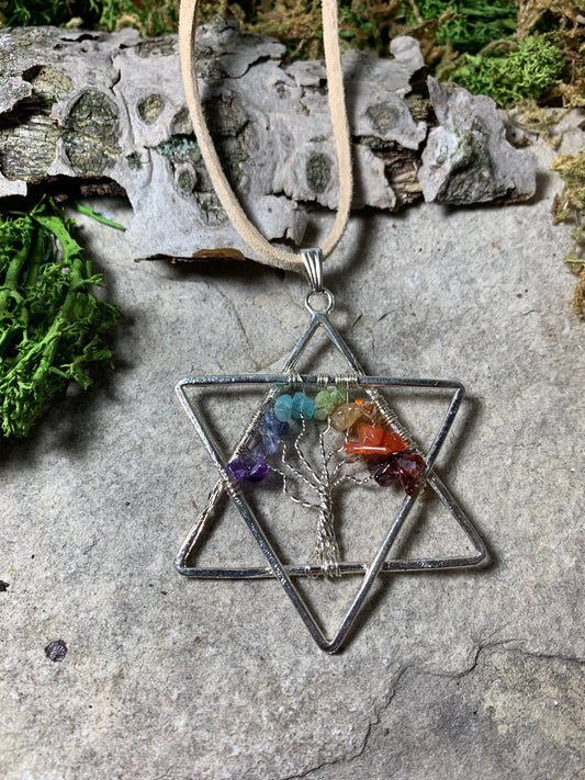 Metal Merkabah Pendant with Wire Wrapped Tree of Life with Chakra Stones 24"