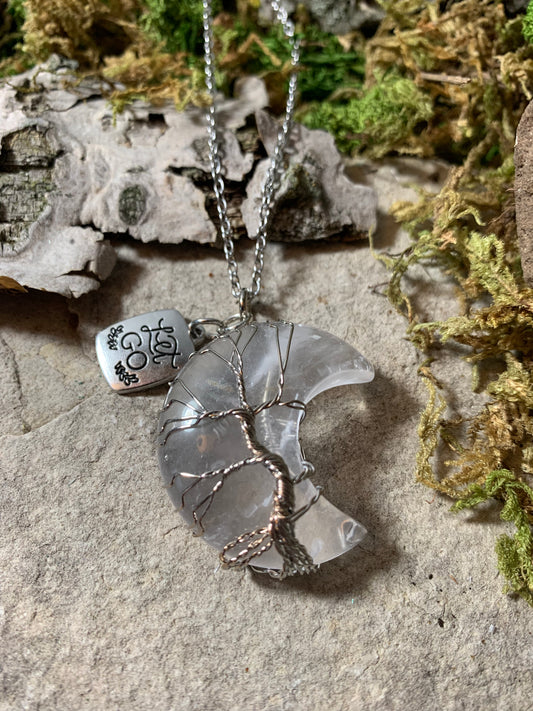 Clear Quartz Moon Pendant with Wire Tree of Life and Metal "Let Go" Charm