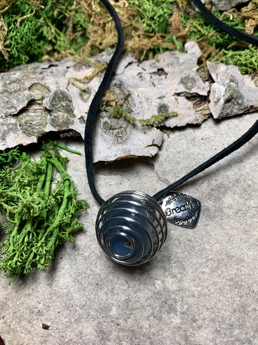 Metal Coil with Teal Agate Stone and Metal Breathe Charm with Black Leather Cord 20"