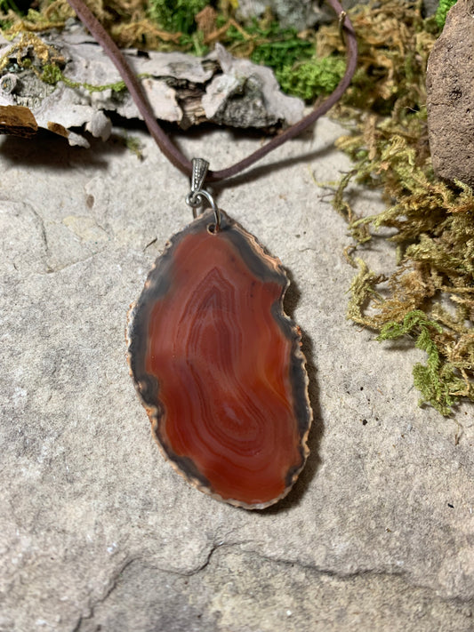 Red Agate Slice Necklace with Leather String 26"