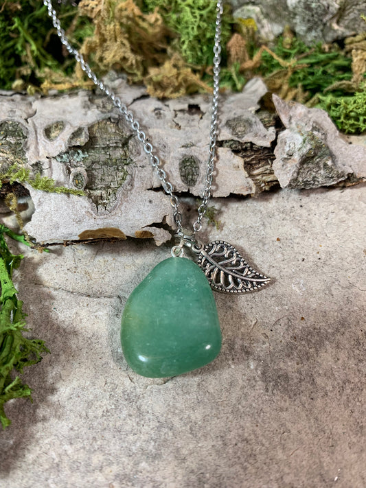 Green Aventurine Necklace with Leaf Charm 18”