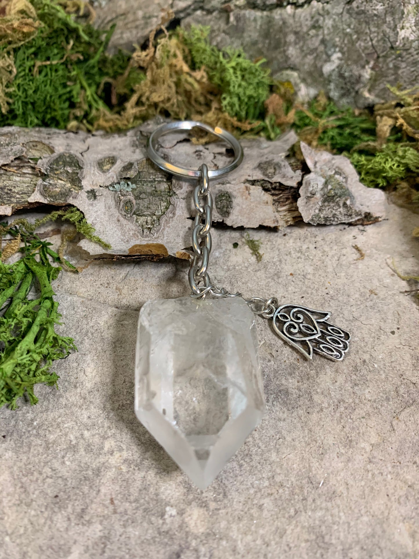 Clear Quartz Keychain with Hamsa Hand Charm