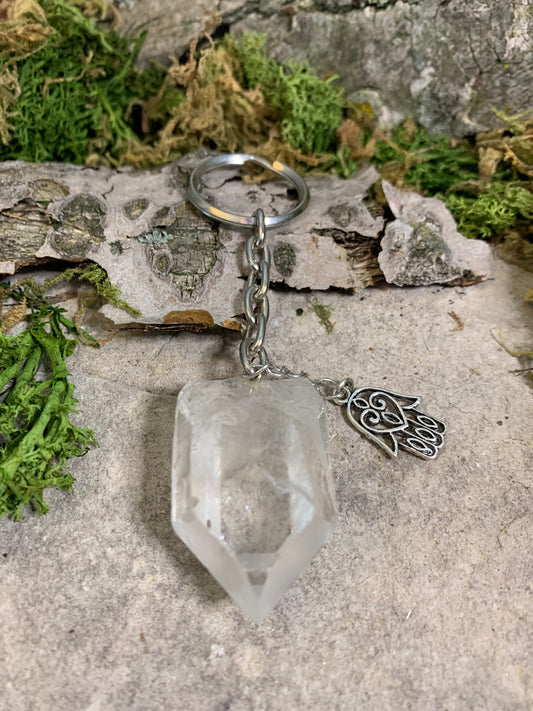 Clear Quartz Keychain with Hamsa Hand Charm