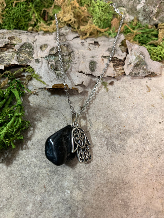 Black Obsidian Pendant Necklace with Ornate Metal Hamsa Hand Charm 18"