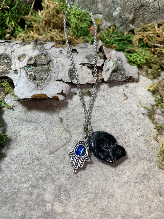 Black Obsidian Pendant with Metal Hamsa Hand with Evil Eye Charm 18"
