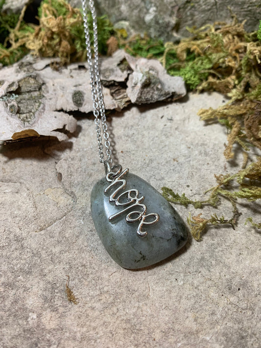 Labradorite Pendant Necklace with Metal Hope Charm 26"