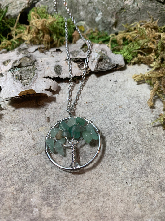 Tree of Life Pendant Necklace with Green Aventurine Stone Chips 20"
