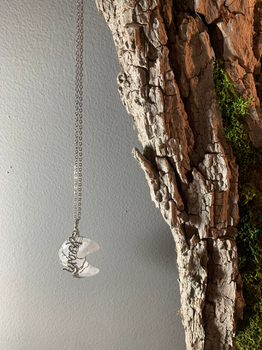 Clear Quartz Moon Pendant with Wire Tree of Life and Metal Dream Charm 26"