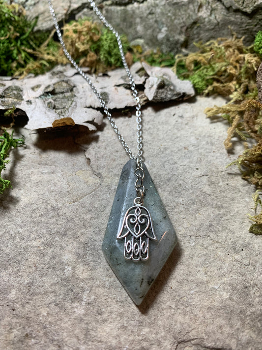 Labradorite Pendant Necklace with Hamsa Hand Charm 26"