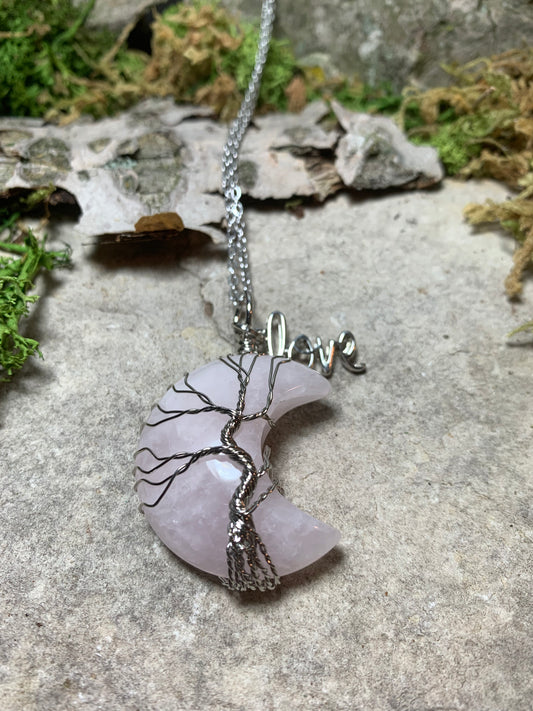 Rose Quartz Moon Pendant with Wire Tree of Life and Metal "Love" Charm 26"