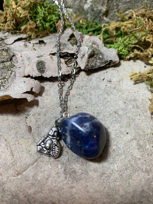 Sodalite Pendant Necklace with Buddha Charm 20"