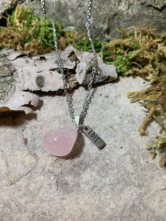 Rose Quartz Pendant Necklace with Love Charm 18"