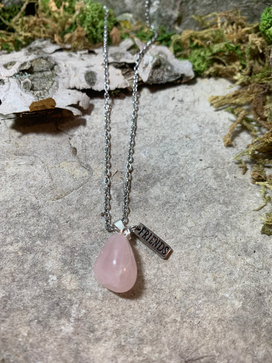 Rose Quartz Pendant Necklace with Friends Charm 18"