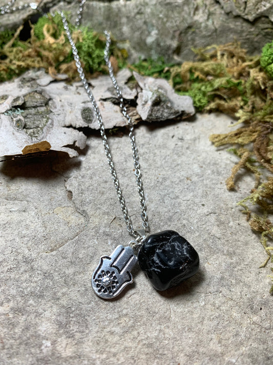 Black Obsidian Pendant Necklace with Metal Hamsa Hand Charm with Jewel 18"