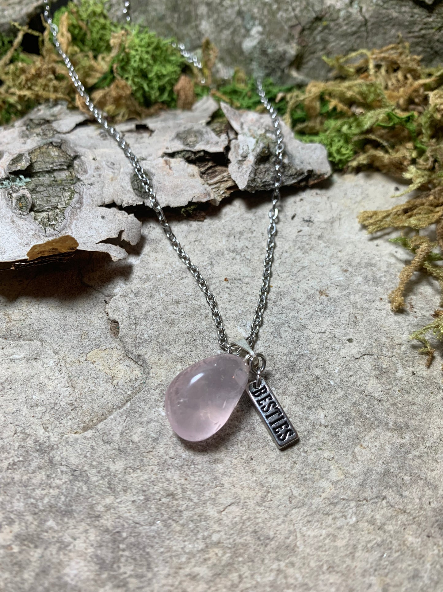 Rose Quartz Pendant Necklace with Besties Charm 18"