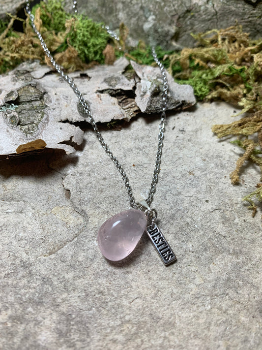 Rose Quartz Pendant Necklace with Besties Charm 18"